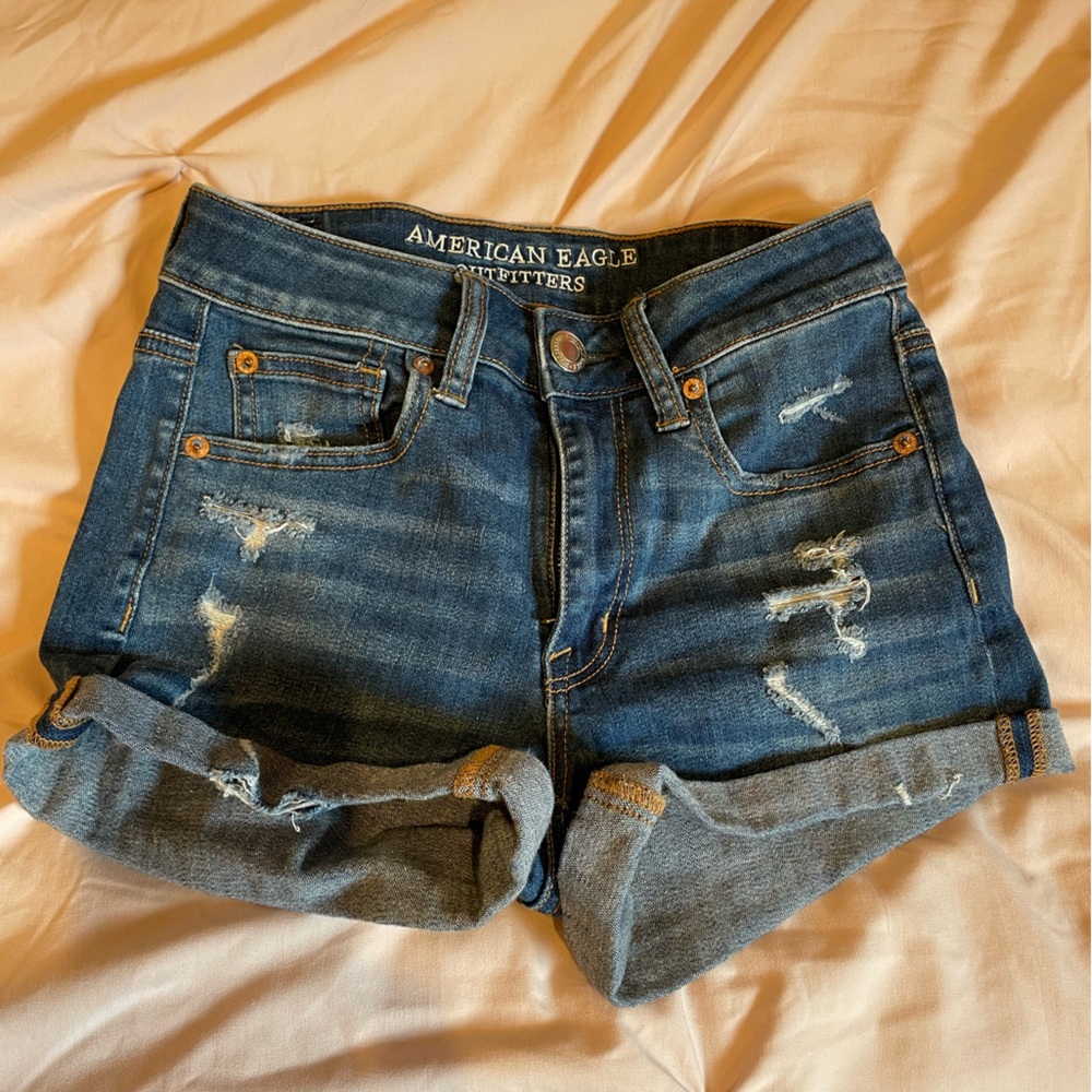 American Eagle Blue Jean Shorts Distressed Frayed Hem